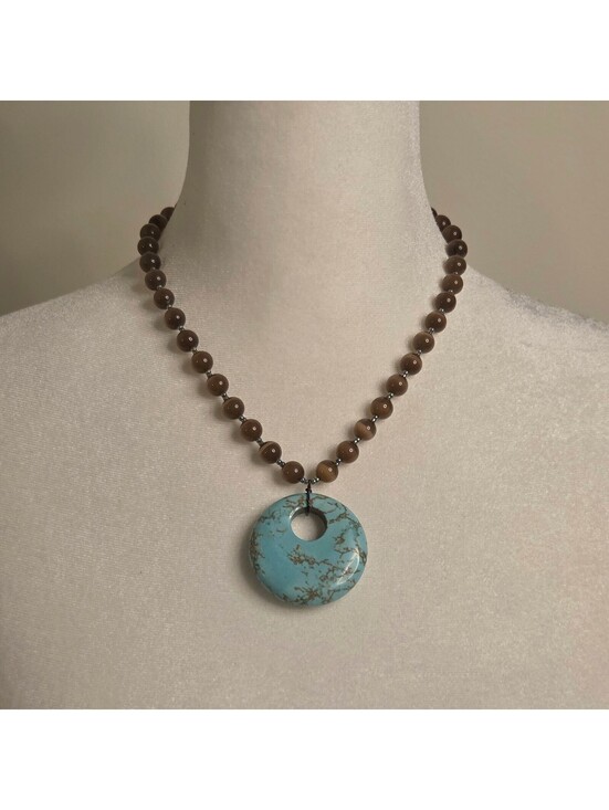 Jewelry - Turquoise Blue Circle Donut Pendant Necklace w/ Brown Beaded Chain Boho Western